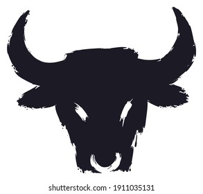 Ox or bull head with nose ring in black brush strokes, isolated over white background.