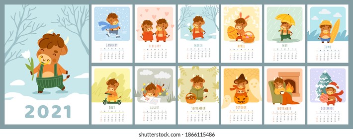 Ox calendar. 2021 bull planner. Cover and 12 monthly pages. Printable posters, cards for kids. Kawaii chinese symbol of new year. Cute cartoon style. Vector illustration.