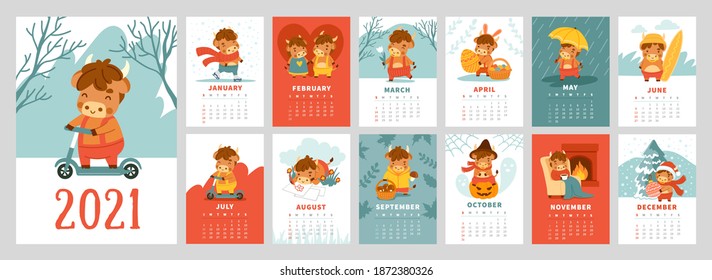 Ox calendar. 2021 bull planner. Kawaii symbol of chinese new year. Cover and 12 monthly pages with cute little cow, buffalo. A4 vector printable template. Cute cartoon style for children.