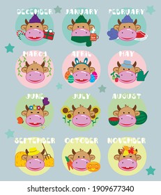 Ox Calendar with Cute Cow Stickers. Horned Bull in Four Seasons Represents the Positivity,Hard Work and Honesty