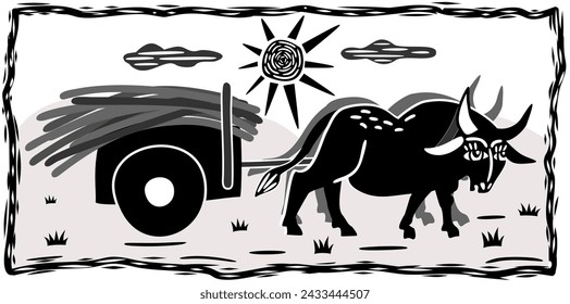 Ox cart. Brazilian northeast cordel woodcut illustration.