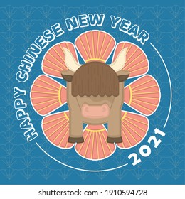 Ox cartoon in a happy chinese new year card. Year of ox - Vector