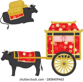 Ox carts and cow holding straw bag