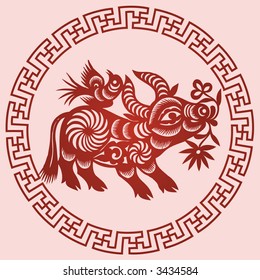 OX Chinese Zodiac Sign in paper cutting style (Vector)