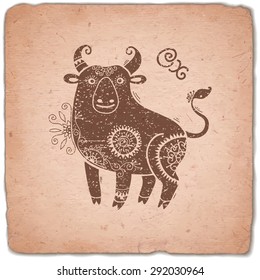 Ox. Chinese Zodiac Sign. Silhouette with Ethnic Ornament. Horoscope Vintage Card. Vector illustration.