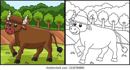 Ox Coloring Page Colored Illustration