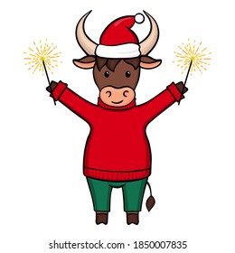 Ox, cow, bull with sparkler. Vector ox in a sweater, pants and Christmas hat.Bull isolated on white background. Simbol New year 2021. Christmas. Holiday ox for design of calendars,cards,advertising