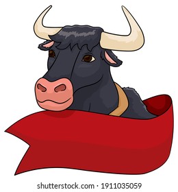 Ox with dark hide and belt with a red ribbon template around it, isolated over white background.
