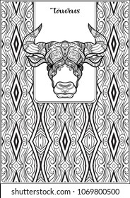 Taurus,Â bull, ox. Decorative zodiac sign on pattern background. Outline hand drawing. Good for coloring page for theÂ adult coloring book Stock vectorÂ illustration.