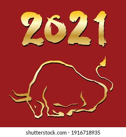 Ox drawing with numbers 2021 on red background.