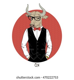 ox dressed up in smart style, Chinese horoscope, anthropomorphic illustration