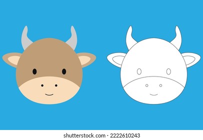 Ox face cartoon character. Cute outline ox animal face coloring book for kids. Vector illustration. Outline icon ox head. Cartoon face logo.