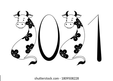 Ox in the form of number two for the inscription of the year.Happy New Year. 2021. New year 2021 with a stylized bull with a floral pattern on the back. The inscription of the year with a neat.