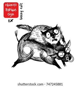 Ox. Funny cats as chinese zodiac signs. Hand drawn vector set 