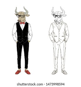 Ox gentleman dressed up in classy style. Anthropomorphic Animal zodiac sign character. Chinese New Year