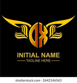 OX Golden Wing Emblem Logo with elegant gold wings, sleek and modern design. Ideal for branding, creative projects, luxury businesses, or artistic ventures.