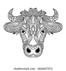 Ox head coloring book illustration. Antistress coloring for adults. black and white lines. Print for t-shirts and coloring books.