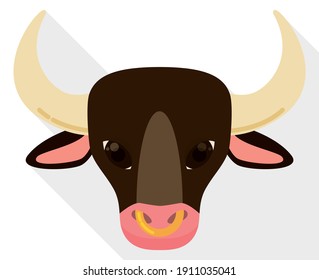 Cabeza de ox de estilo plano y sombra larga, con grandes cuernos y anillo de nariz.
