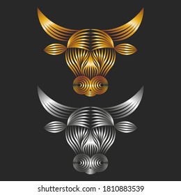 Ox head logo made of gold and silver gradient metallic ribbons shiny symbol of 2021 Chinese new year, minimal linear art bull head silhouette cow emblem