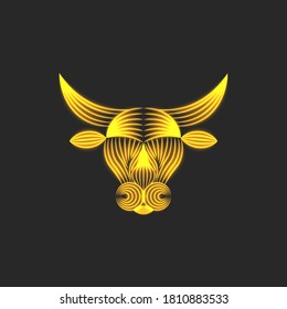 Ox head logo symbol of 2021 chinese new year, linear minimal silhouette of bull head, bright glowing neon yellow lines
