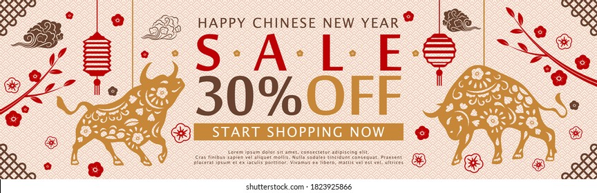 Ox horizontal Sale banner for Chinese New Year. 2021. Vector.