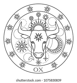 Ox horoscope sign with stars, sun and moon. Bull vector outline pattern for textile prints, tattoo, mascot, coloring page.