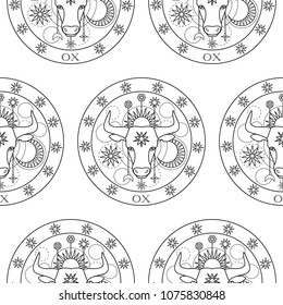 Ox horoscope sign with stars, sun and moon seamless pattern. Bull vector outline wallpaper for textile prints, tattoo, mascot, coloring page and backgrounds.
