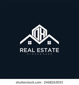 OX initial monogram logo for real estate with creative roof and home image design
