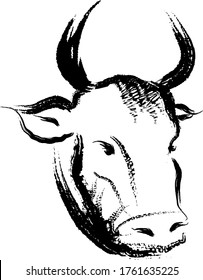 Ox ink painting vector illustration.