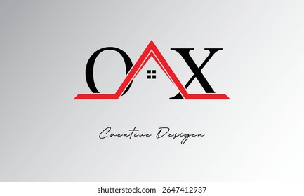 Logotipo de casa de carta OX - Monograma imobiliário criativo com ícone de telhado e forma de casa para propriedade, arquitetura e marca moderna
