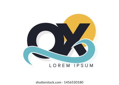 OX letter logo with ocean waves and sunset. Beach concept design