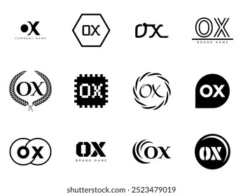 Modelo da empresa de logotipo OX. Letra o e logotipo x. Defina diferentes letras serifas clássicas e texto em negrito moderno com elementos de design. Tipografia inicial da fonte. Coleção de identidade de negócios na moda.