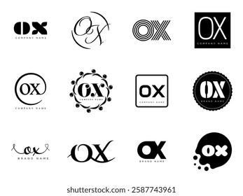 OX logo company template. Letter o and x logotype. Set different classic serif lettering and modern bold text with design elements. Initial font typography. Collection trendy business identity.