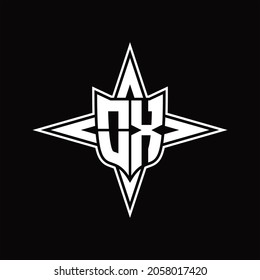 Monograma de logotipo OX con una plantilla de diseño de flechas de cuatro direcciones sobre fondo negro