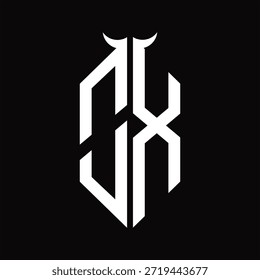 Monograma de logotipo OX com forma de chifre isolado modelo de design preto e branco sobre fundo preto