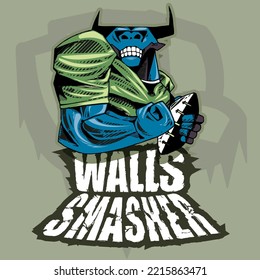 Ox mascot of a rugby team, flexing his biceps muscle and holding a football. In the background a silhouette of a fist and a text saying "Walls Smasher". Animal sport illustration concept.