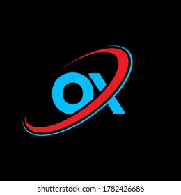 OX O X Buchstaben Logo Design. Anfangsbuchstabe OX verlinkte Kreis Großbuchstaben Monogramm Logo rot und blau. OX Logo, O X Design. Ochsen, o x	