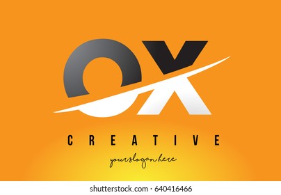 OX O X Letter Modern Logo Design with Swoosh Cutting the Middle Letters and Yellow Background.