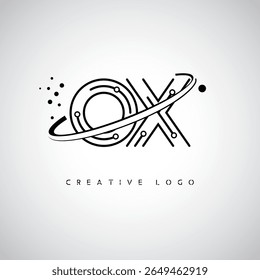 Logotipo de Monograma de Órbita OX - Marca de Letra Mínima Futurista com Linha de Arte Circular, Pontos Inspirados na Tecnologia e Conceito de Movimento Espacial para Identidade de Marca Moderna