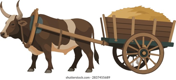 ox pulling cart side profile full body, rural farm herbivore vector illustration