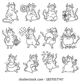 Ox set with Chinese new year symbols. Cute different bulls holds money and Chinese lanterns and lets off fireworks. Vector black white outline cartoon illustrations.