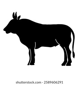 Ox silhouette. Black bull shape, shadow. Buffalo symbol, stencil. Horned animal art, side view, profile for Chinese zodiac, horoscope. Flat vector hand drawn illustration.