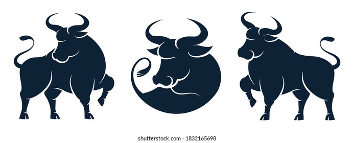 Ox silhouette isolated bulls icons. Vector farm animal, symbol of New Year 2021 metal ox symbol, Taurus zodiac horoscope sign. Vector longhorn buffalo head and full length portrait, horned beef