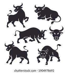 Ox silhouettes. Ox icons drawn in cartoon style. Vector illustration of black bull characters isolated on white background.
