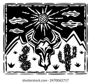 Cráneo de buey, cactus, sol y nubes. Ilustración de cordel del noreste brasileño. Estilo Woodcut. Paisaje del desierto.