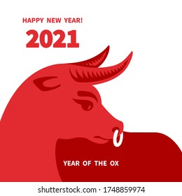 Ox is a symbol of the 2021 Chinese New Year. Holiday vector illustration of decorative red Zodiac Sign of bull on a white background.