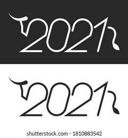 Ox symbol of 2021 chinese new year logo minimal from thin black and white lines, number from silhouette of a bull with horns and tail