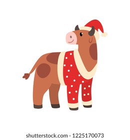 Ox symbol of New Year, cute animal of Chinese horoscope in Santa Claus costume vector Illustration on a white background