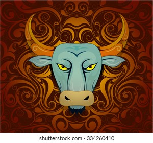 Ox as symbol for year 2021 by Chinese traditional horoscope with orient ornament on backdrop