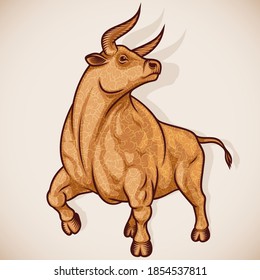 Ox or Taurus is sign of zodiac of New Year. Strong, muscular proud Bull is decorated of curly wool. Animal character for mascot, poster, calendar design. Inky strokes drawing style vector illustration